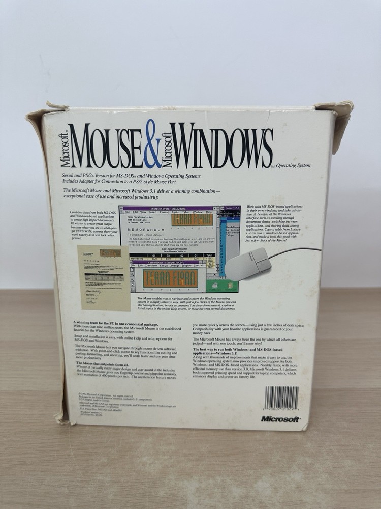 Microsoft Windows 3.1 Operating System + Microsoft Mouse - Vintage 1992 Big Box
