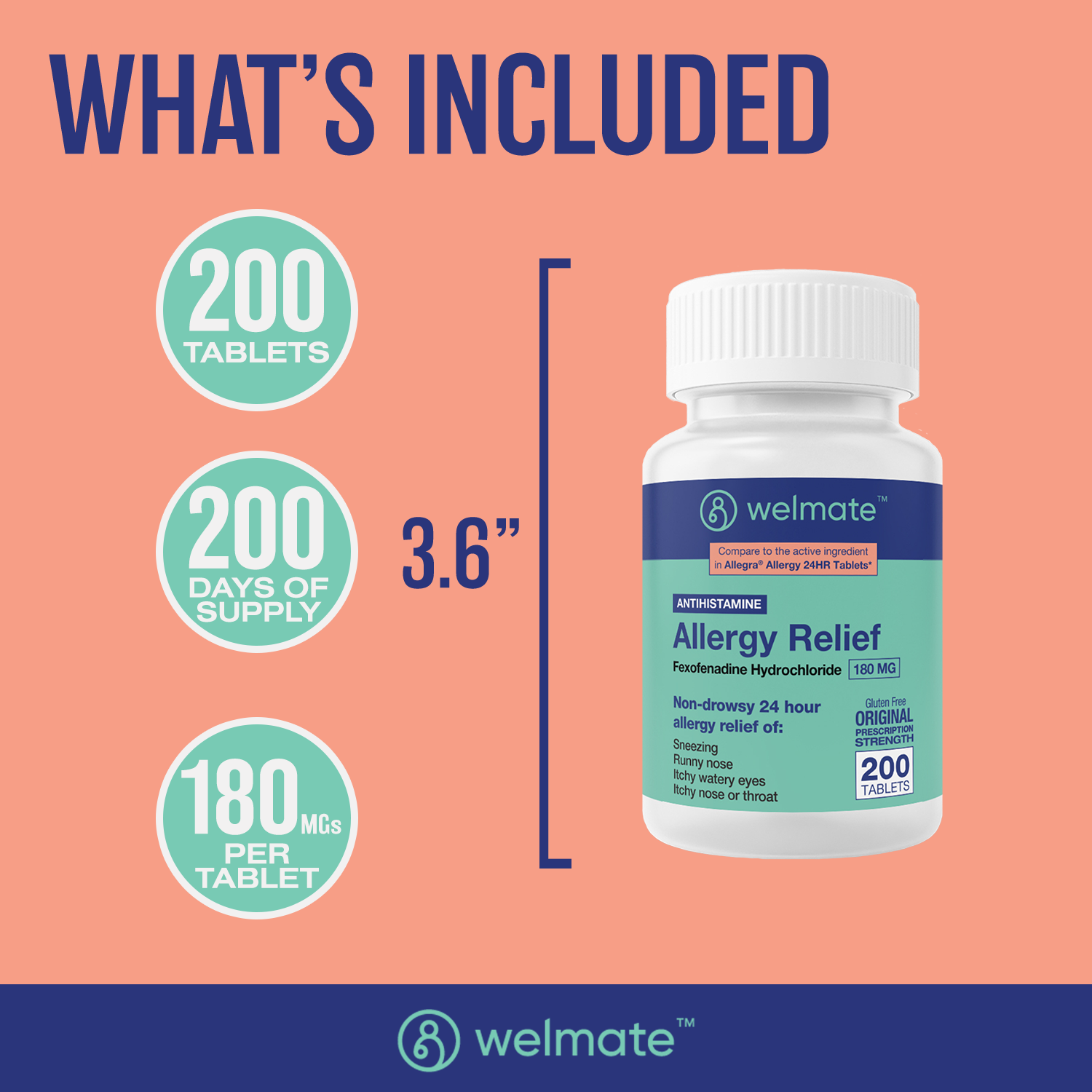 WELMATE Allergy Relief | Fexofenadine HCl 180 mg Non-Drowsy Antihistamine | 200