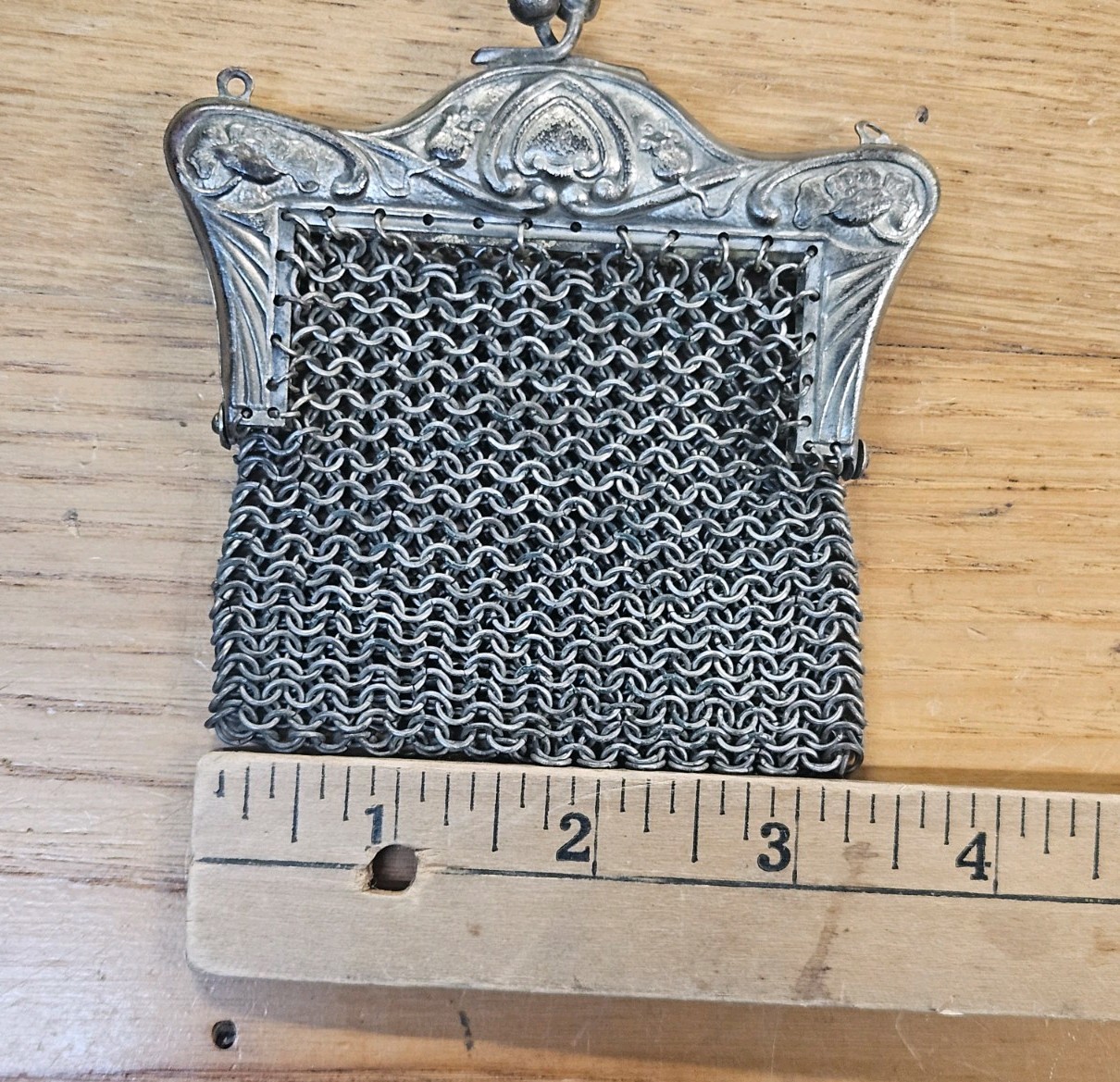 Vintage Ornate German Silver Numbered & Engraved Metal Mesh Purse Missing Chain