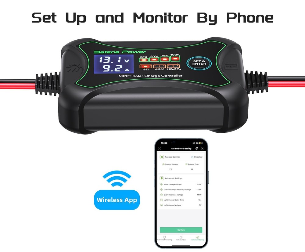 Sunrock 10Pro 10A MPPT Wireless Solar Charge Controller BT 12V Battery