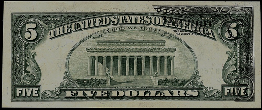 Series 1995 $5 Federal Reserve Note Partial Offset Reverse Gem Unc SN B76974946A