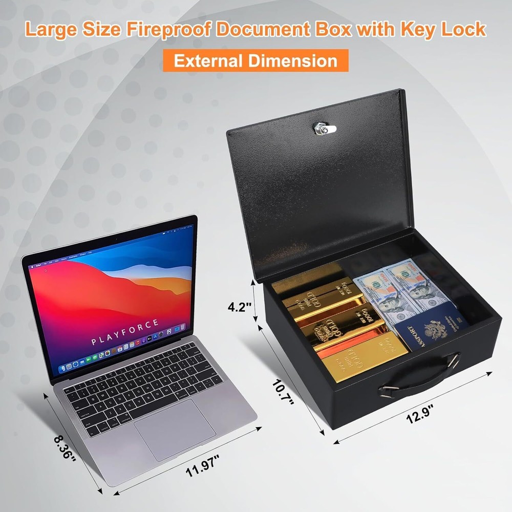 Fireproof Document Box w/ Key Lock Safe Storage Box for Valuables Security Chest
