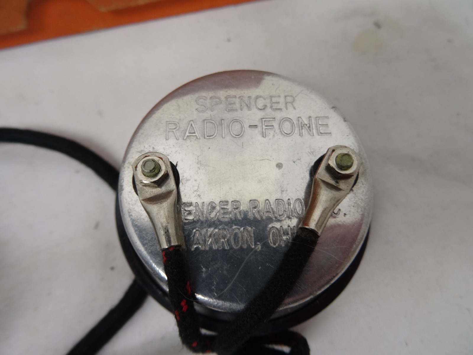 Spencer Pocket Crystal Radio with box and Spencer headphone and cables.