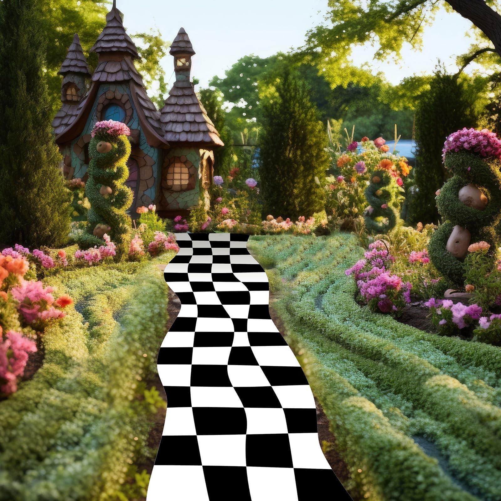 118x24 inch Checkered Aisle Runner Rug for Wonderland Birthday Party Decor