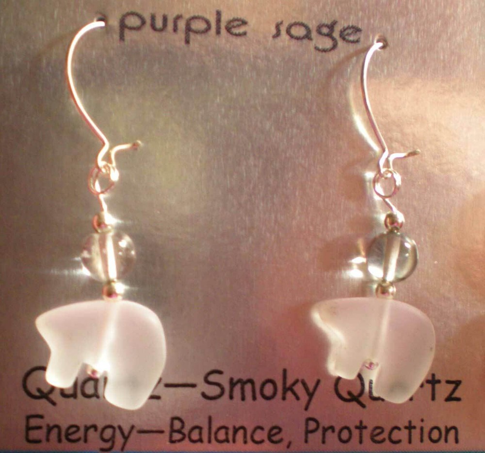Clear Quartz Bear Totem with Smoky Quartz Earrings e150