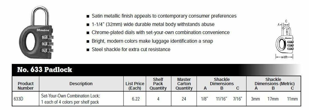 Master Lock 633D - Combination Padlock, Assorted Colors