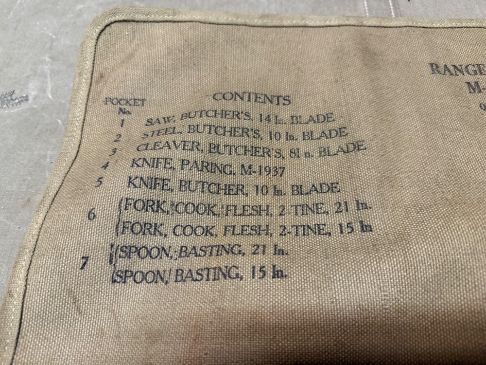 ORIGINAL WWII US ARMY M1937 CAVALRY RANGE FIELD COOKING UTENSILS ROLL-JQMD 1944