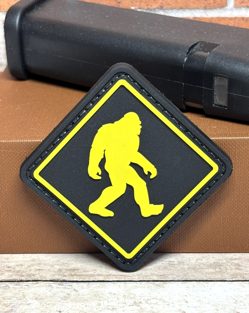 Sasquatch Bigfoot Crossing Sign PVC Patch, Morale Squatch Tactical Rubber Patch