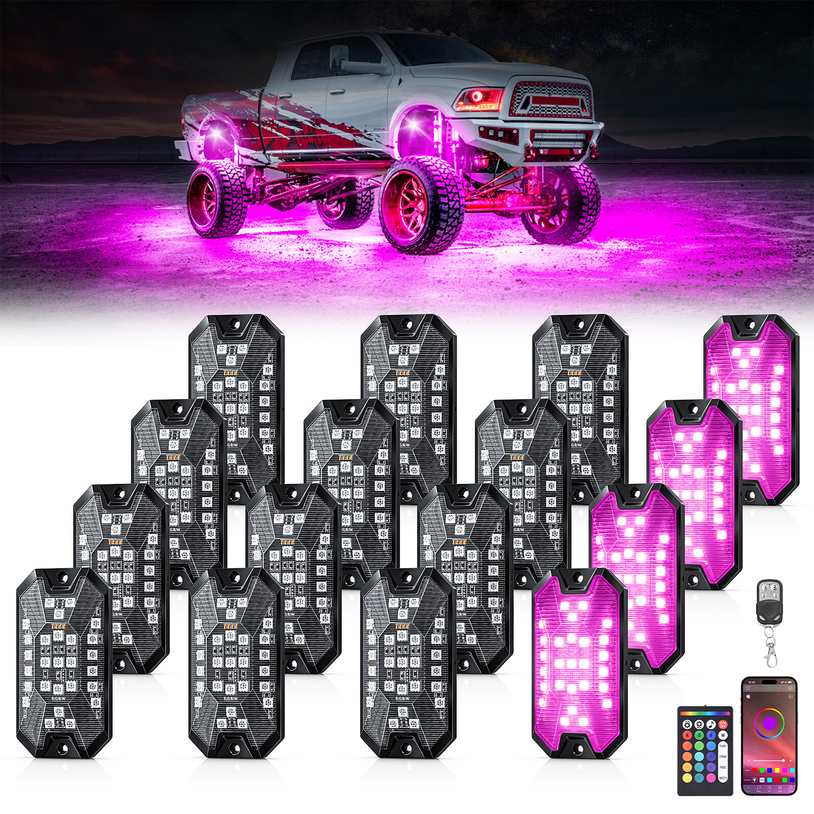 16-Pods RGBW LED Underglow Rock Lights for Trucks Cars, App & Remote Controller