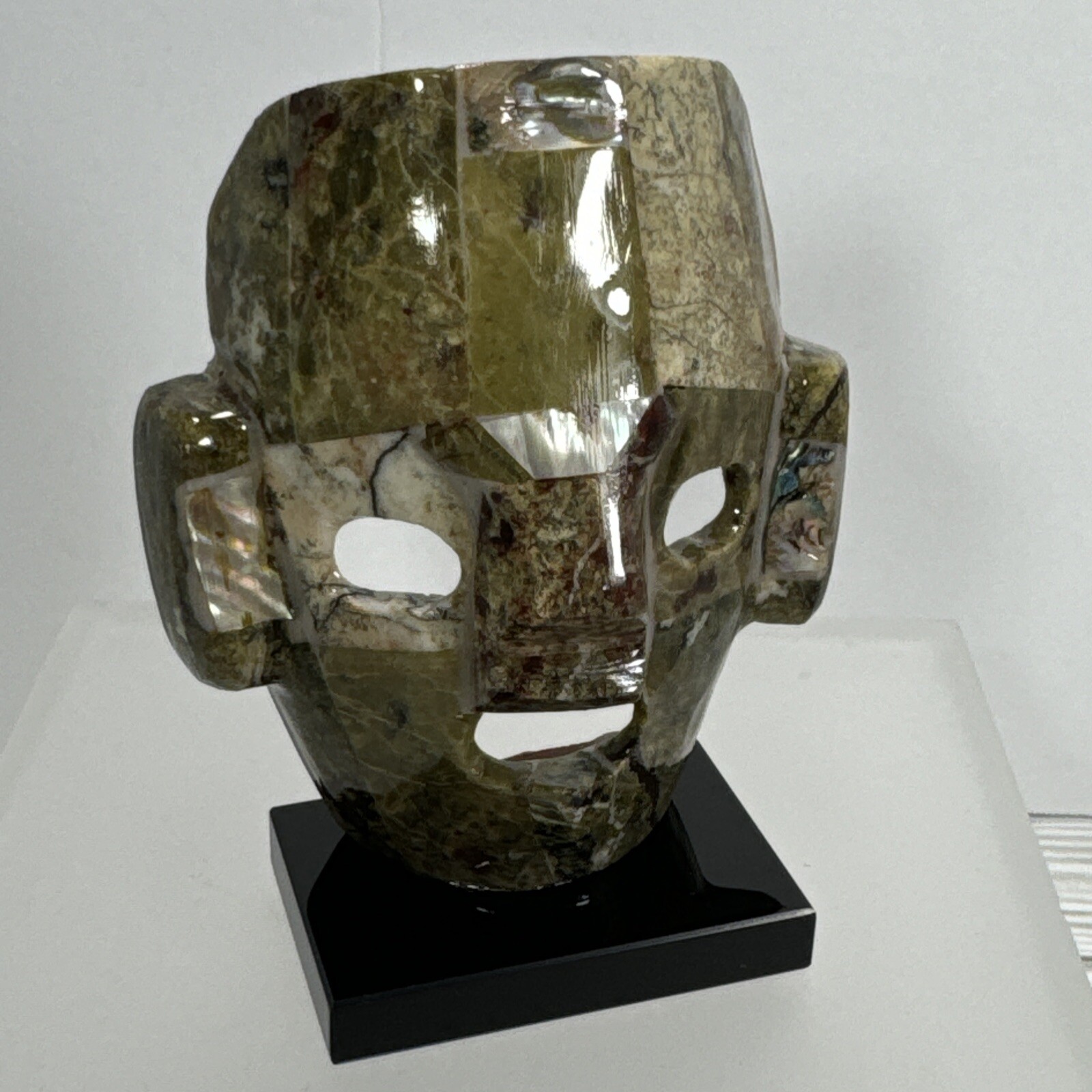 Mexican Mayan Tribal Burial Face Mask Green Stones Mixed Abalone Shell Onyx Base