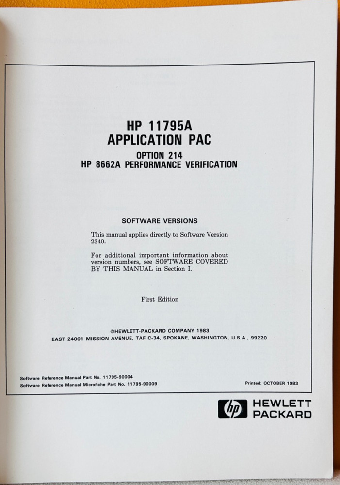 HP 11795-90004 Model 11795A Application PAC Opt 214 Software Reference Manual.