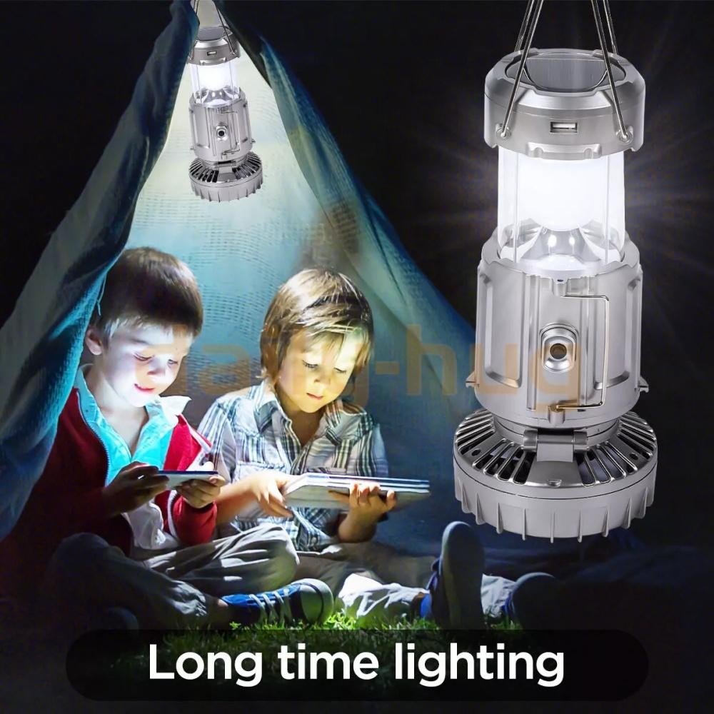 Solar Powered Light Lamp Portable Collapsible LED Flashlight Camping Lantern Fan