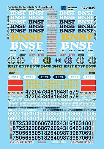 Microscale BNSF Renumbered Initials amp; Numbers for Repainted Diesels