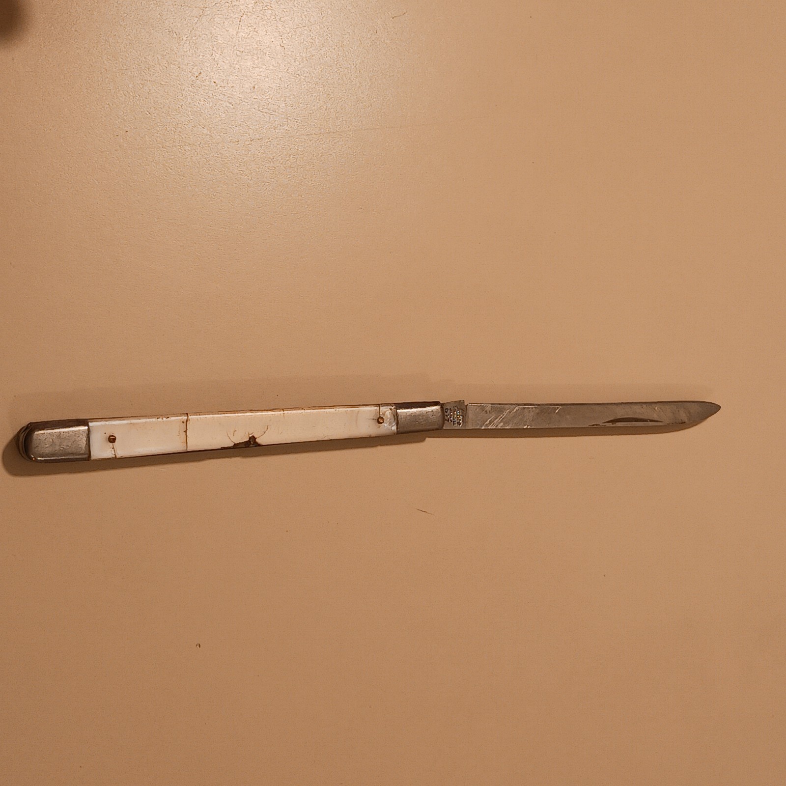 Sabre Stainless Steel Japan 677 Folding Fruit Melon Knife White Celluloid Handle