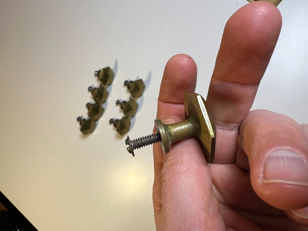 Vintage Mid Century Modern MCM Solid Brass Faceted Hex Drawer Pulls Knobs Set 8