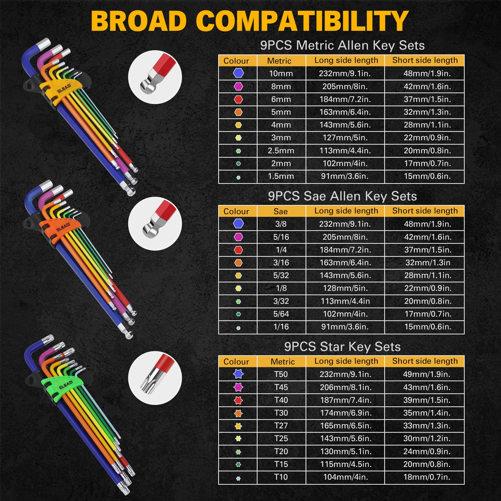 29 Piece Allen-Wrench Hex Torx Key Set Long Arm Ball End Metric SAE Torx Star