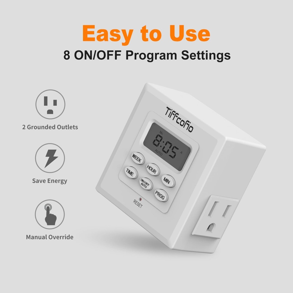 Tiffcofio Indoor Digital Light Timer, 7 Day Programmable Plug in Outlet White