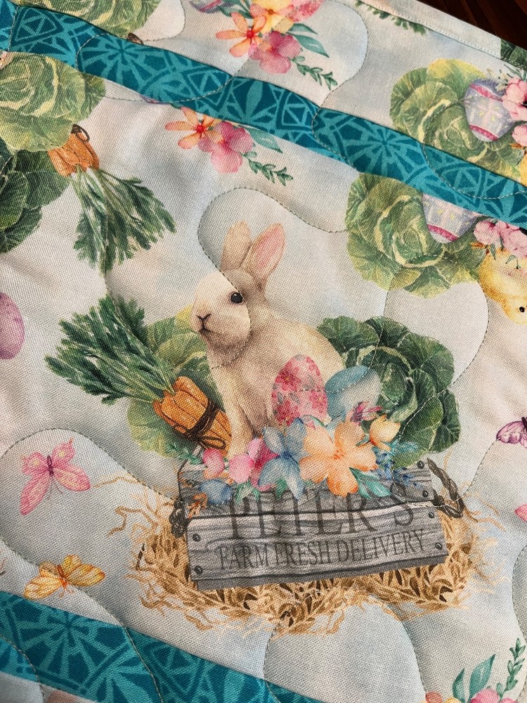 Handcrafted-Quilted Table Runner -Happy Easter - Easter Eggs, Bunnies - Gardens