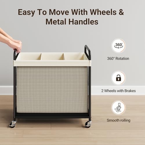 Laundry Hamper 3 Section, 120L Rolling Laundry Sorter with 3-Section Beige
