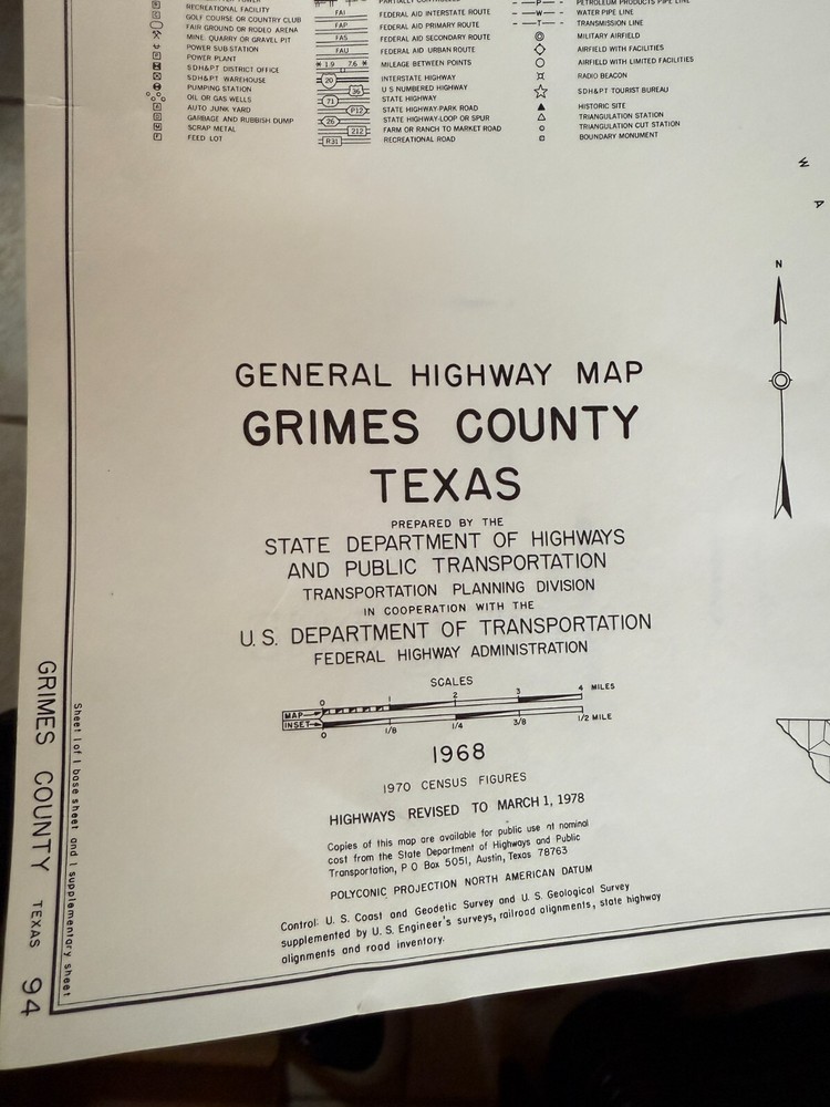 1968 Texas GRIMES County General Highway Map 18" x 25" Folded USDOT 2 Sheets