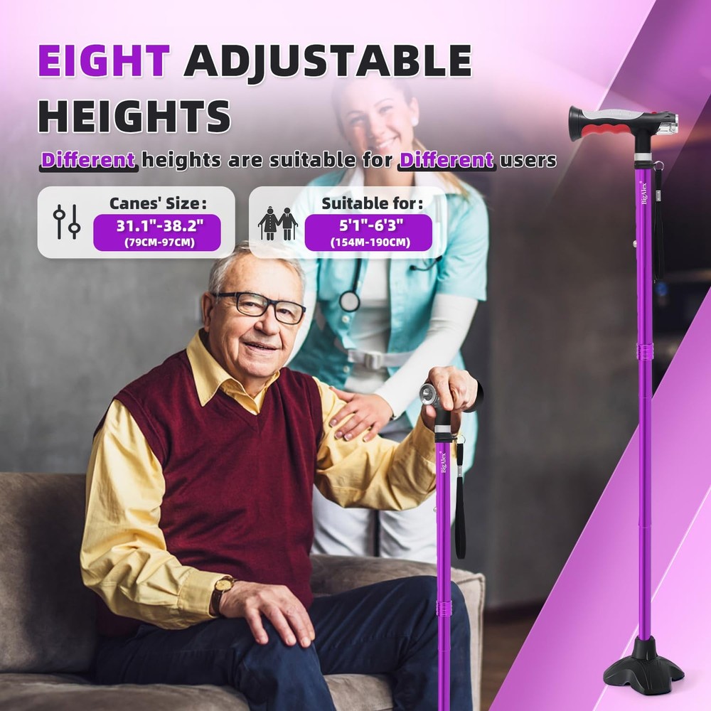 Folding Walking Cane with Two Led Lights for Elderly Solid Base Adjustable Walki