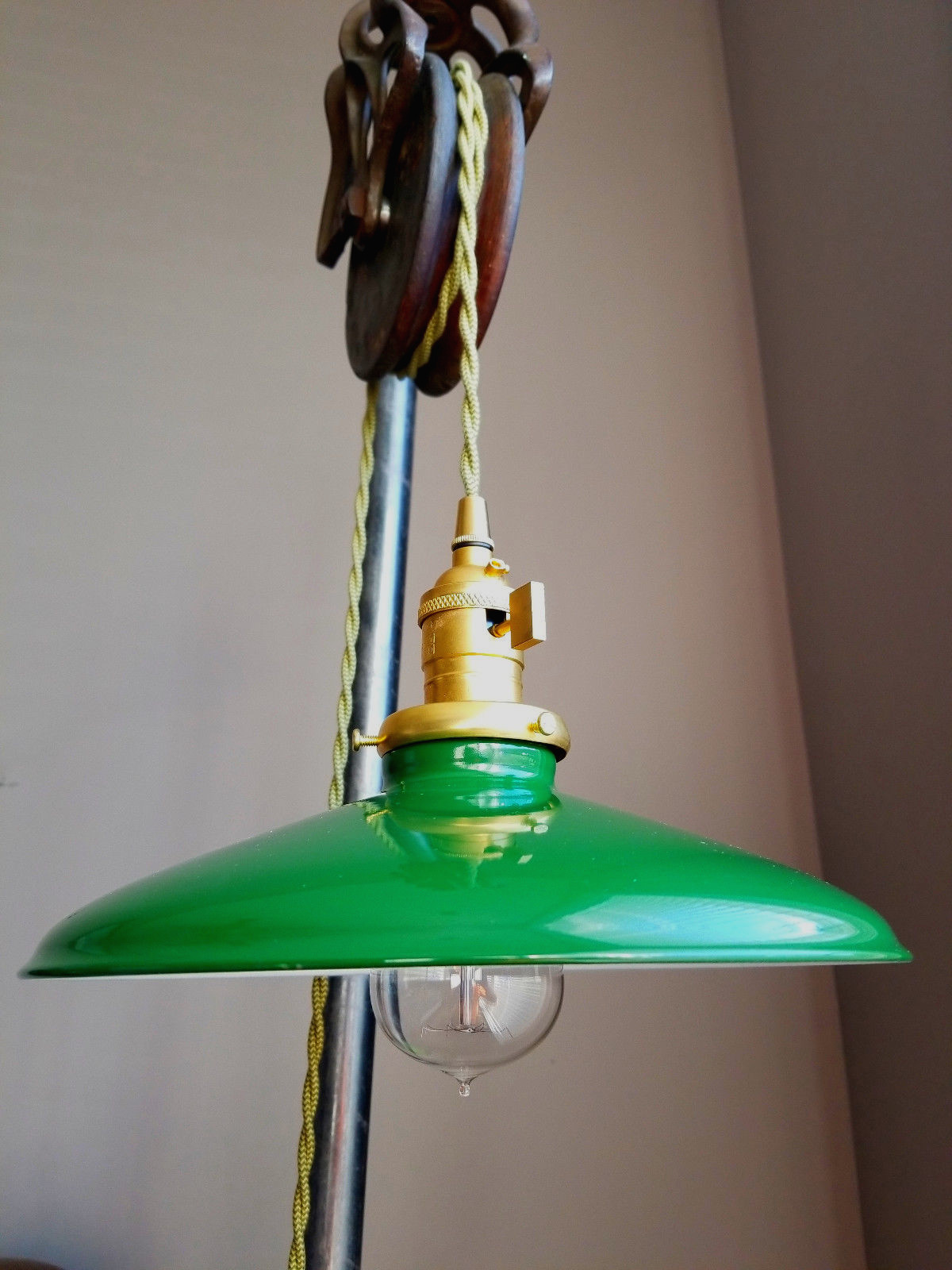 Green Porcelain Enamel Shade: 10" Rounded Metal, 2-1/4" fitter Benjamin Pendants