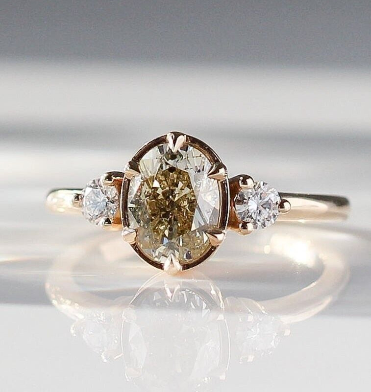 Champagne Engagement Ring Brown Moissanite Oval Cut 3 Stone Ring For Mother Gift