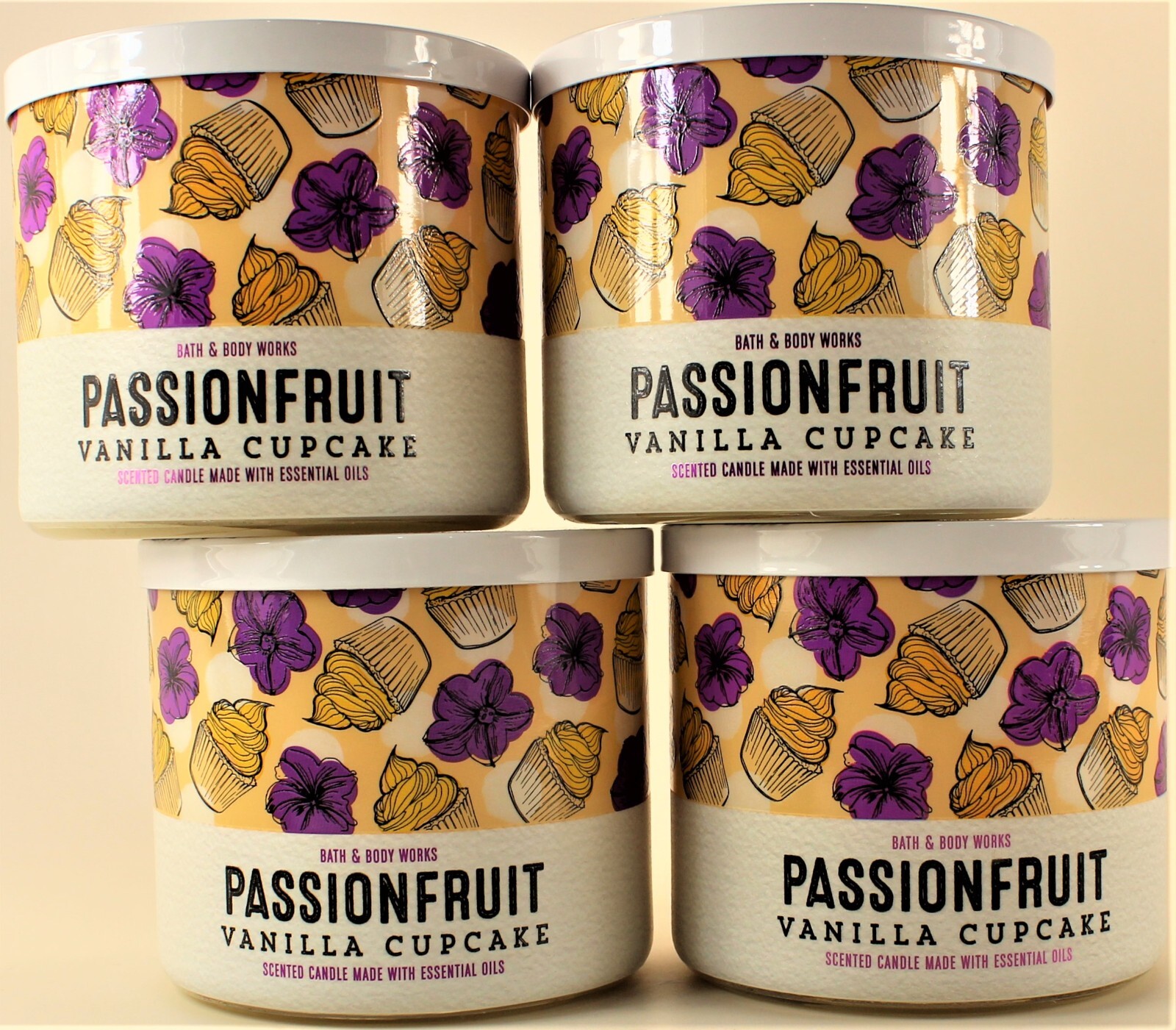 QTY 4 - Bath & Body Works PASSIONFRUIT VANILLA CUPCAKE 3 Wick 14.5Oz Candle