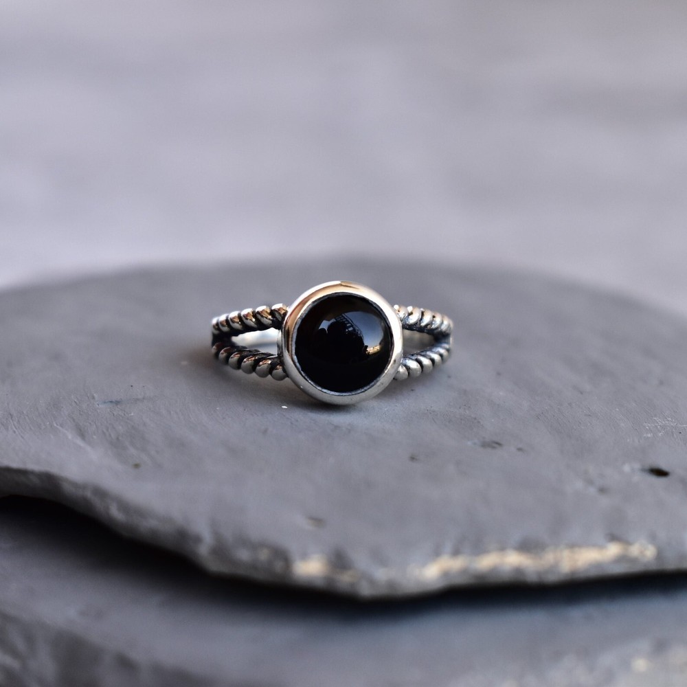 Solid 925 Sterling Silver Round Shape Black Onyx Gemstone Women Ring All Size
