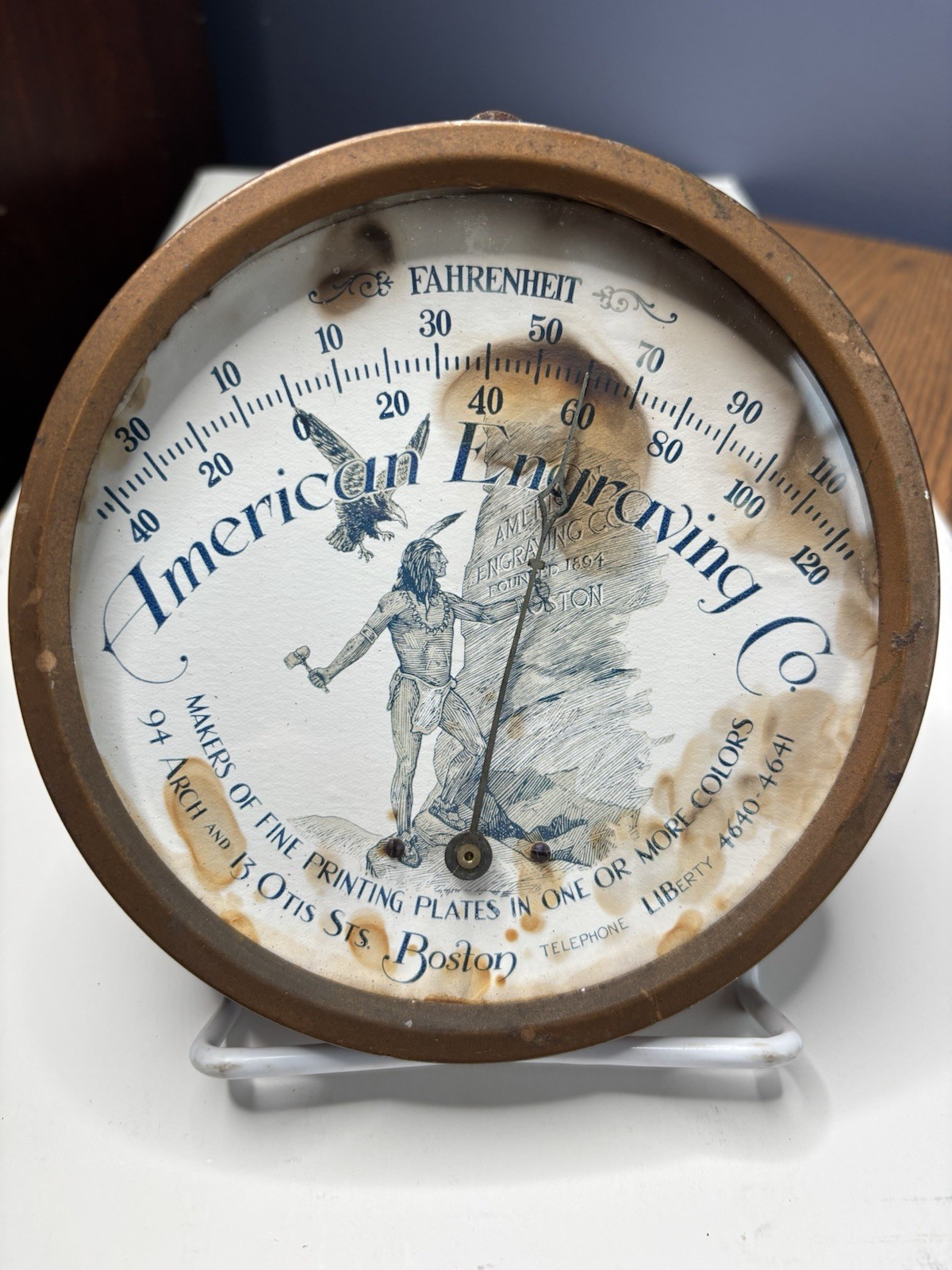 Antique Original RARE American Engraving Thermometer Trade Sign Indian Eagle MA