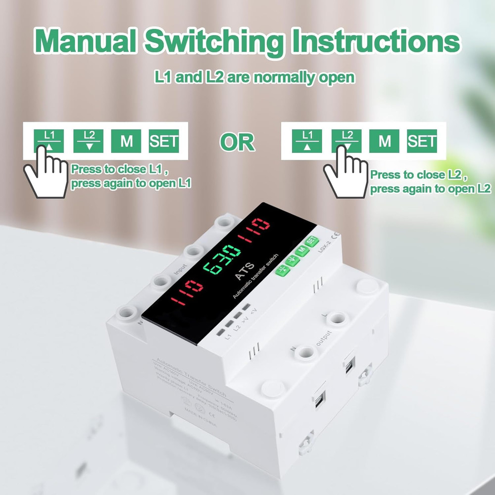 63A 110V Automatic/Manual Transfer Switch, L1 Priority Phase Selector, LED Di...