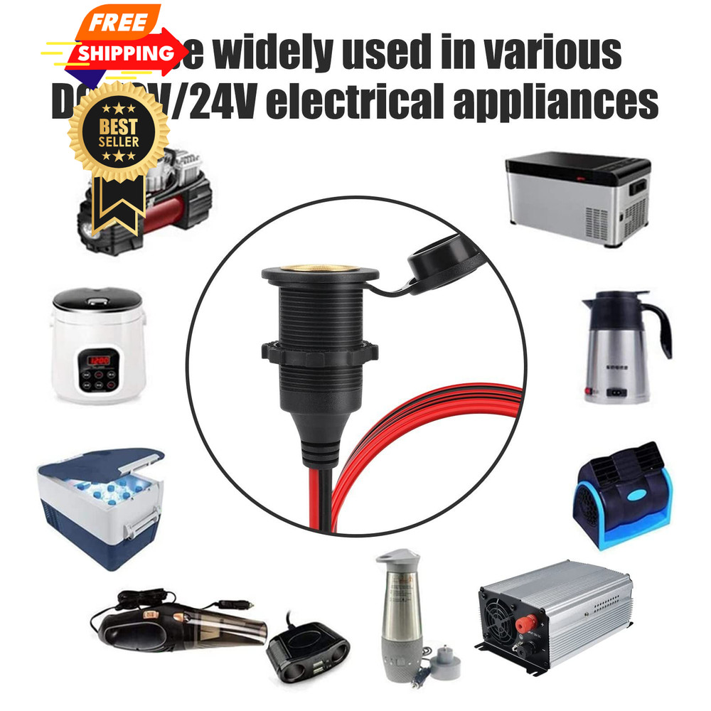 Dongge 2FT 12V/24V Fixed Thread Cigarette Lighter Socket Extension 2 FT, 2 ft