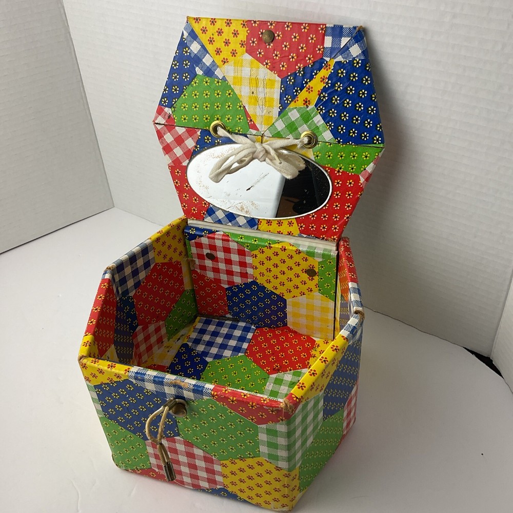 Patchwork Print Sewing Box with Tray Vintage 70s Hexagon Shape Storage