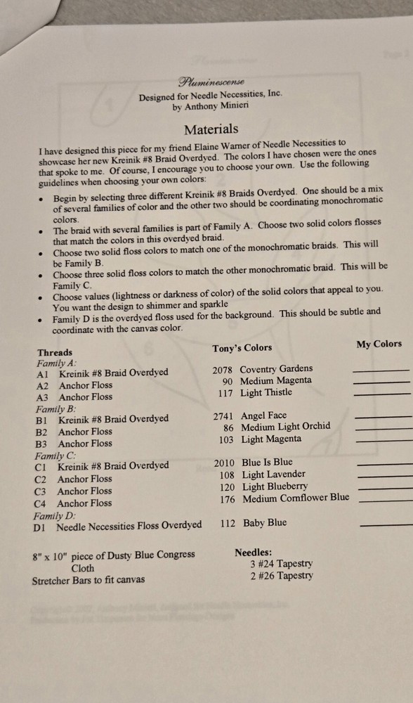 Needle Necessities Pluminescence Pattern Needlework No Writing