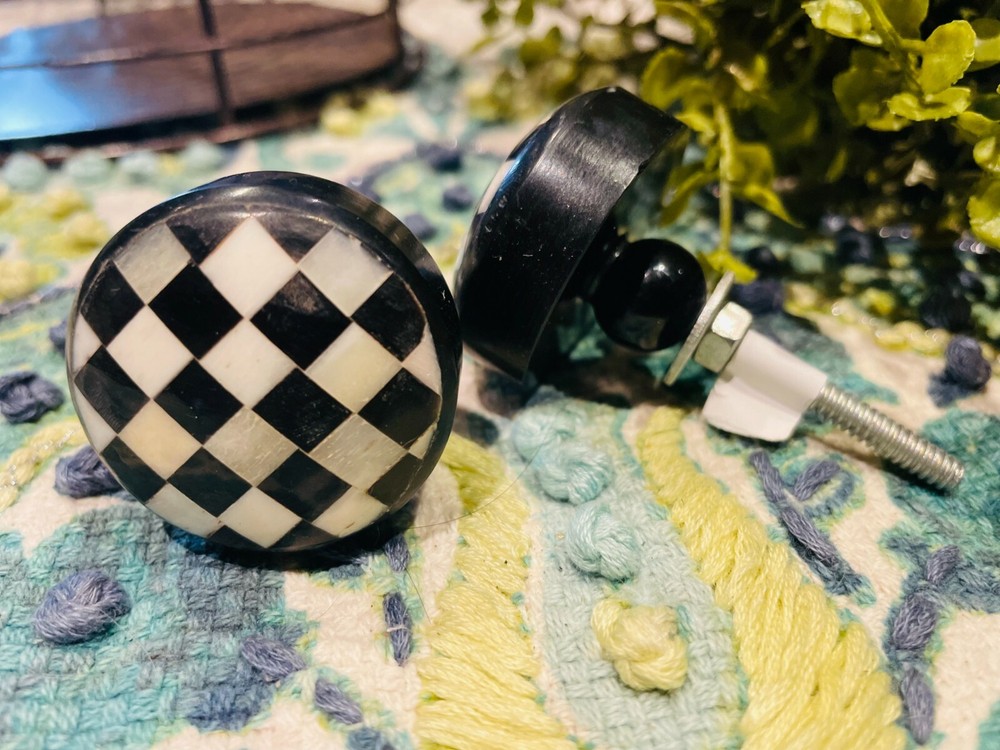 10; Courtly Check Cabinet Door knobs black white checkered Childs Pull Round