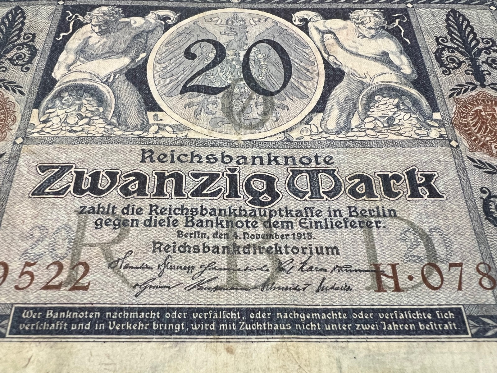 2x 1915 Germany 20 Mark Banknote Great War WW1 WWI Antique Artifact Art Relic