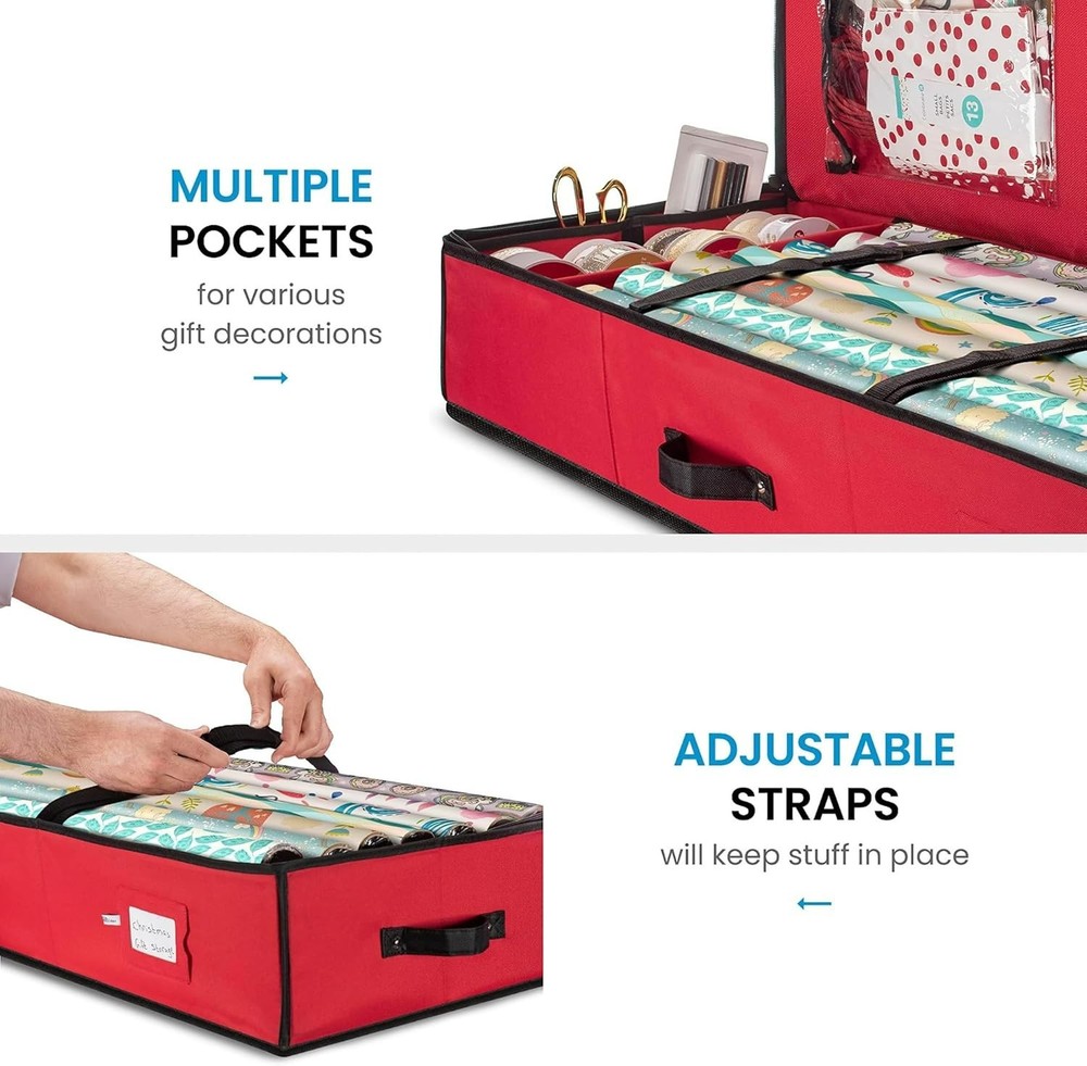Space-Saving 600D Oxford Gift Wrap Organizer with Clear Pockets - Red/Black