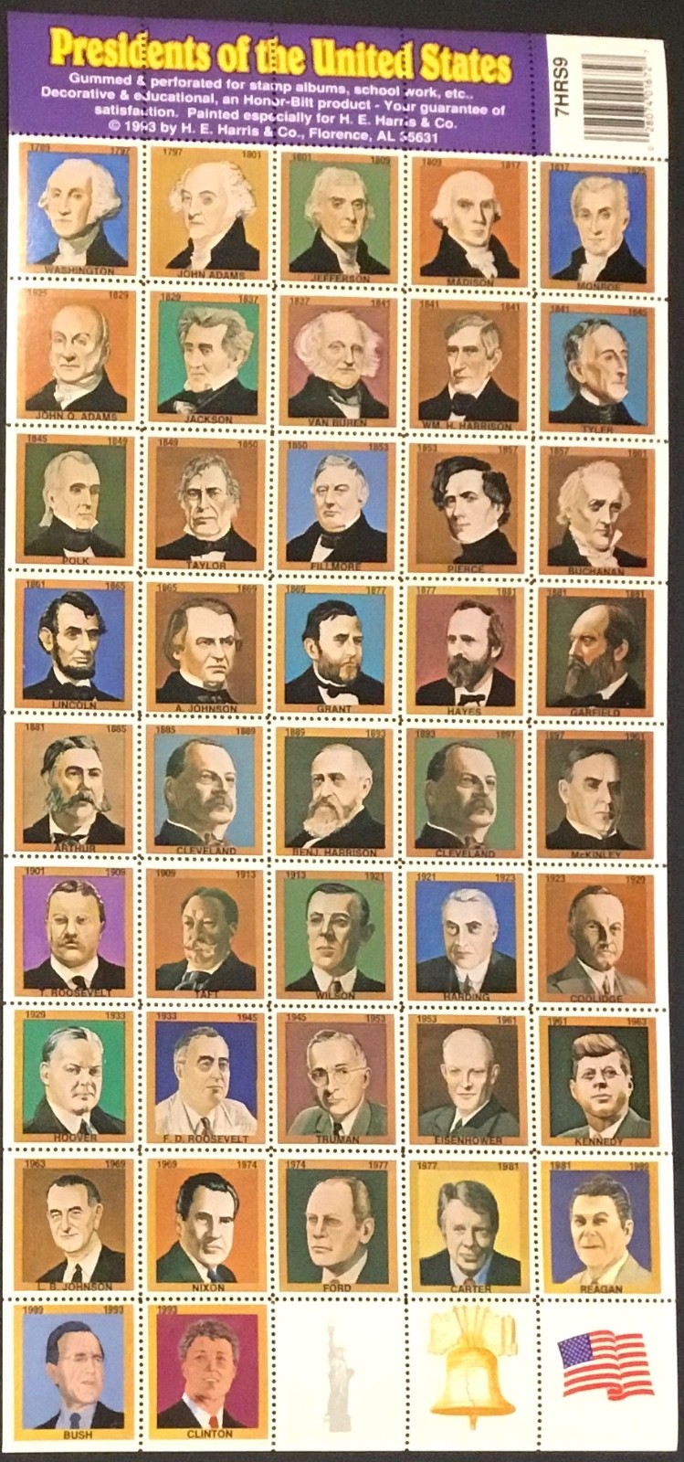 1993 PRESIDENTS of the UNITED STATES SHEET ending with CLINTON  H.E. Harris Co.