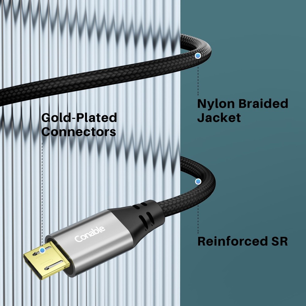 Micro USB Cable 8 FT, Android Charger Nylon Braided Cord, Kindle 8 Black