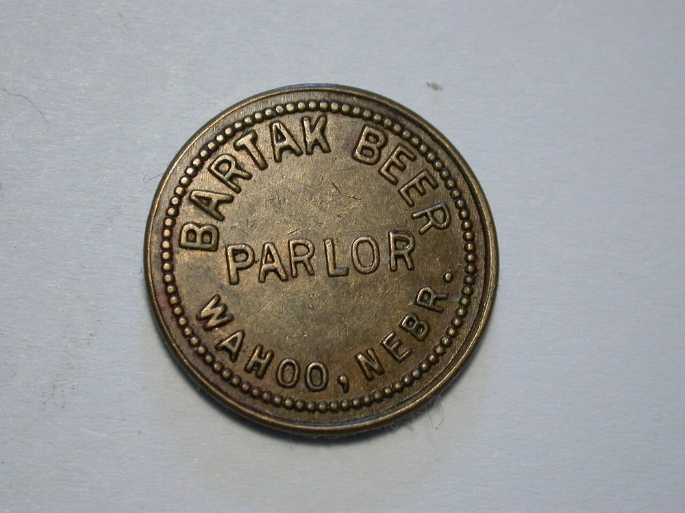 old Wahoo Nebraska TRADE TOKEN ** Bartak Beer Parlor ** BRASS Good For 5c