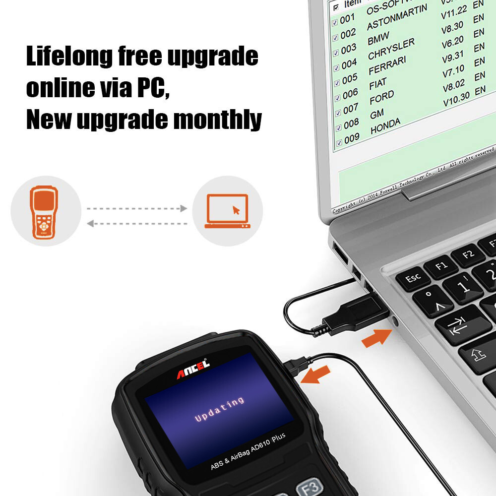 ANCEL AD610 PRO SRS OBD2 Code Reader ABS Bleeding SAS Reset Diagnostic Scan Tool