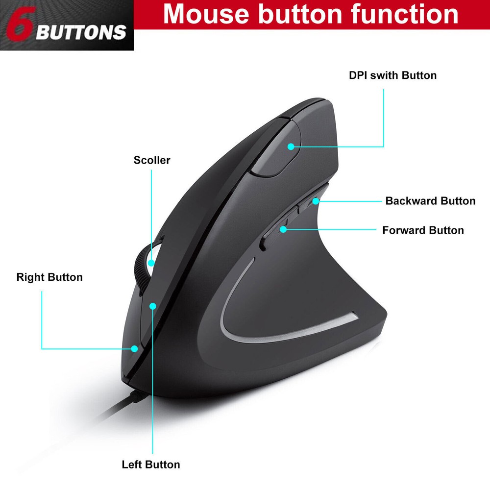 USB Vertical Wired Mouse Ergonomic Gaming Optical Mice 2400 DPI for PC Computer