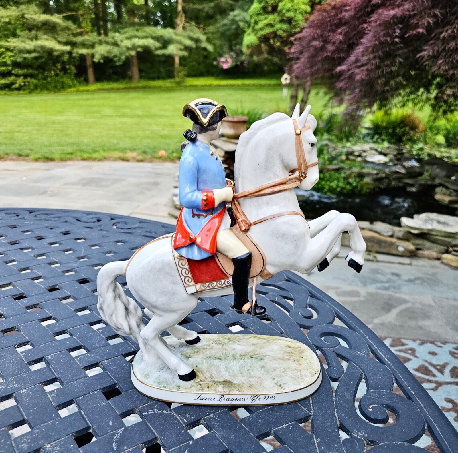 VINTAGE CAPODIMONTE PREUSS DRAGONER 1745 OFFICER ON REARING HORSE