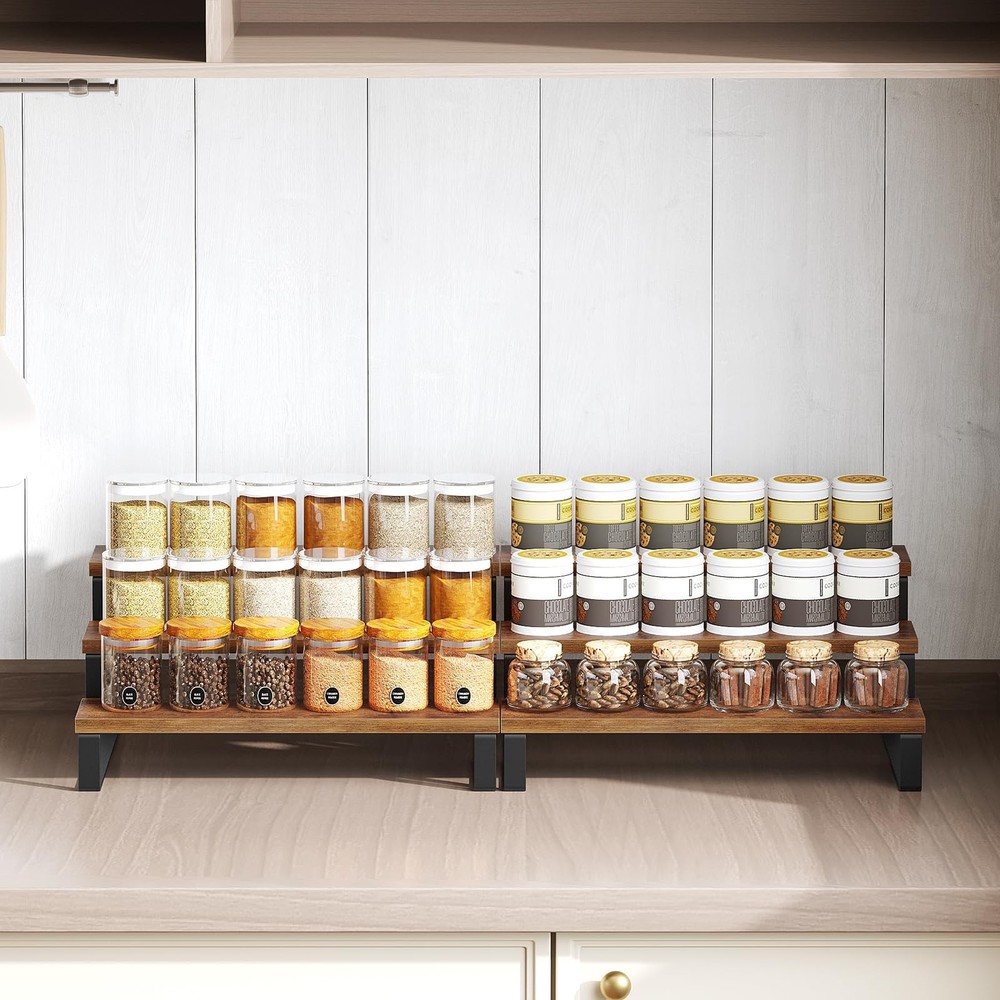 3 Tier Wooden Display Riser Stand Rustic Brown Spice Rack Kitchen Storage