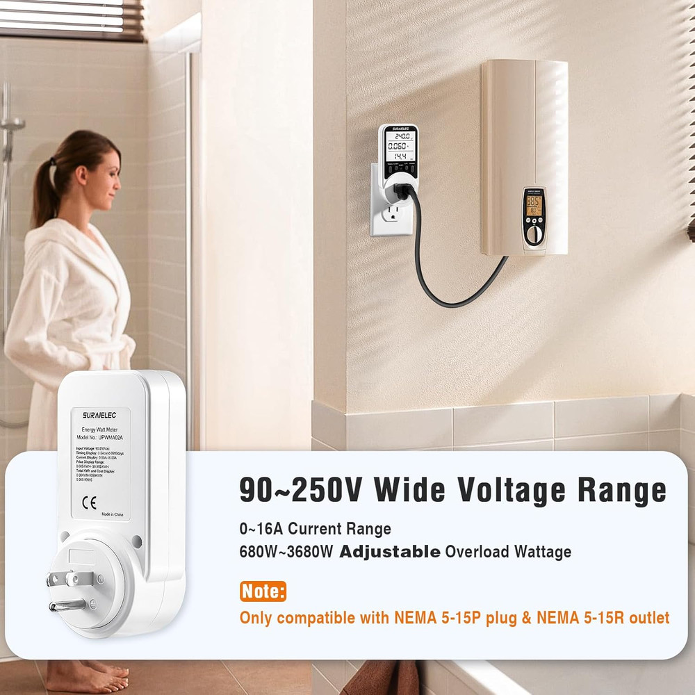 Watt Meter Plug-in Socket Power Meter 90V-250V Wide Range Backli...