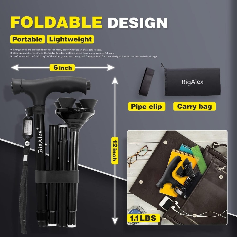 Folding Walking Cane with LED Light & Pivoting Quad Base - Adjustable & Portable