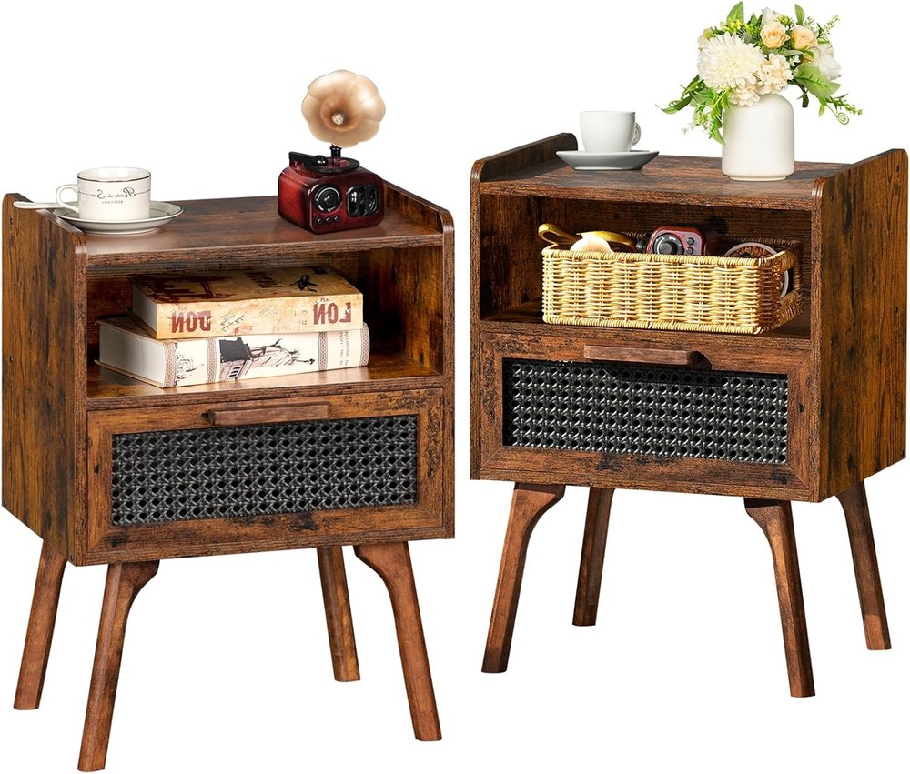 Rattan Nightstands, Boho Side Table with Der Open Shelf, Cane