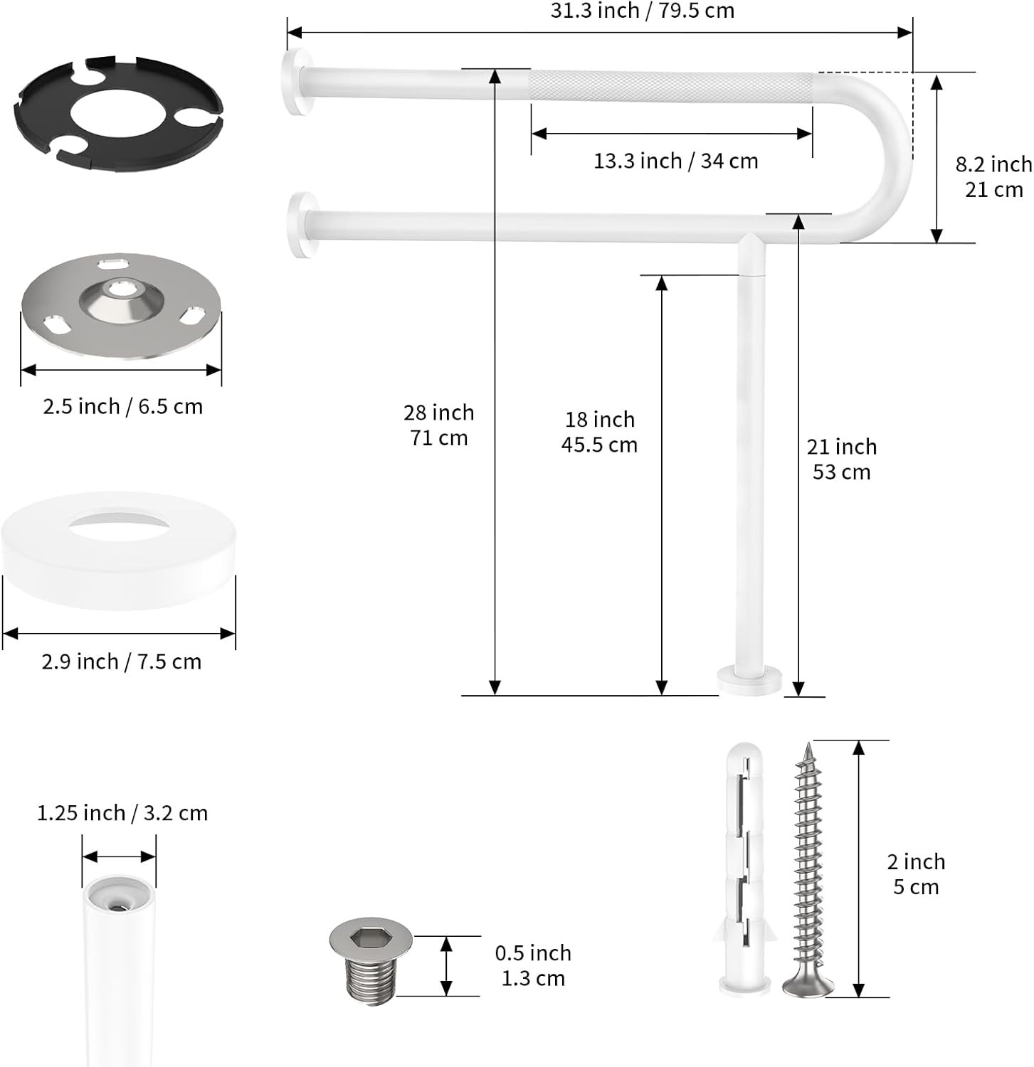 White Toilet Support Rail 31.3X 31.5 Inch, Anti-Slip Floor to Handicap