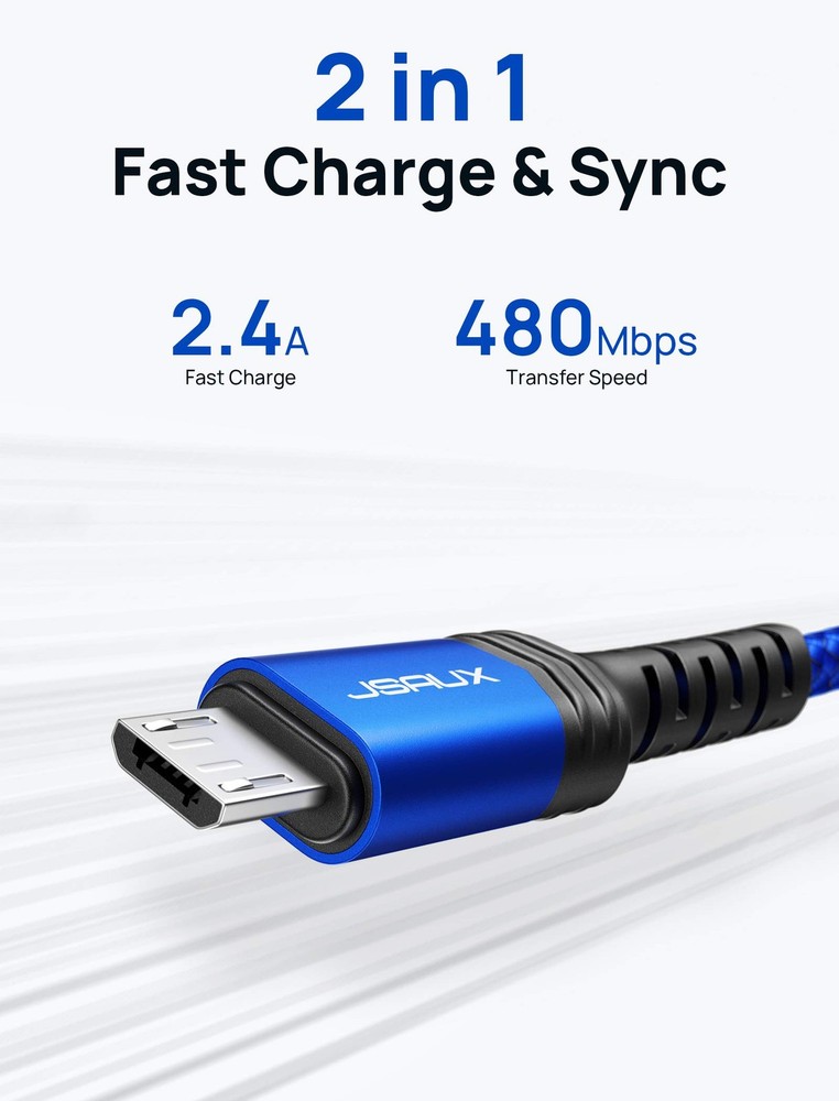 JSAUX Micro USB Cable for Android, (2-Pack 3.3FT+6.6FT) 3.3ft+6.6ft, Blue