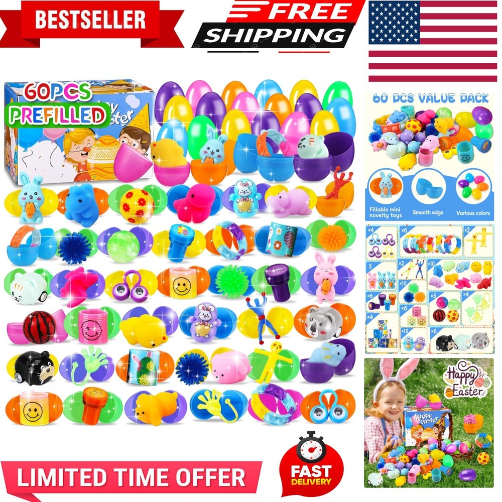 60PCS Prefilled Easter Eggs with Toys Inside, Easter Basket Eggs Filled Stuff...